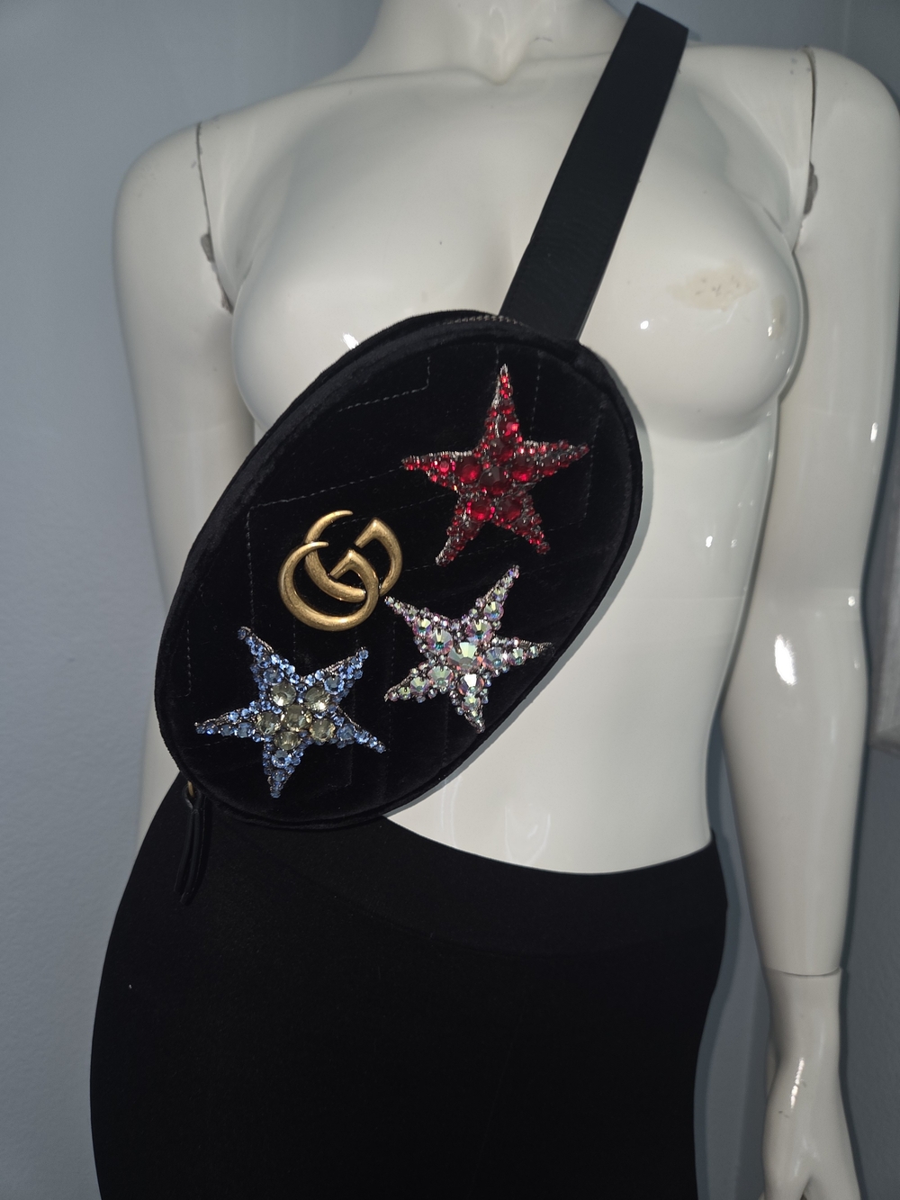 Gucci GG Marmont Black Velvet and Leather Belt Bag Crystal Stars 95-38